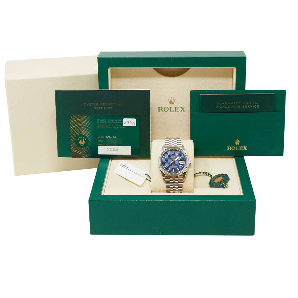 Rolex Datejust 36 Bright Blue Fluted Motif Dial on Jubilee 126234 Complete 2022