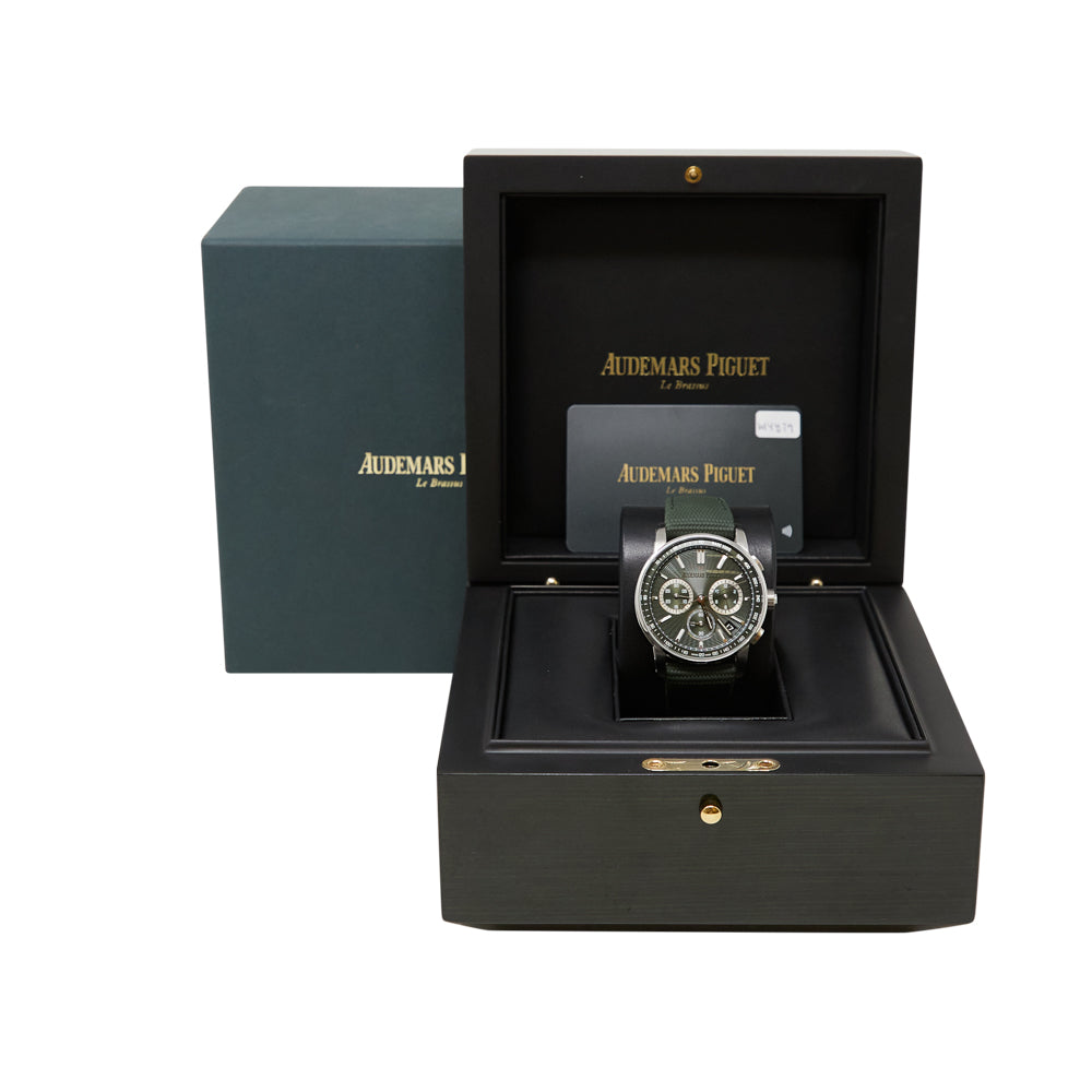Audemars Piguet Code 11.59 Chronograph Green Dial on Green rubber-coated strap with stainless steel pin buckle. 26393ST.OO.A056KB.01 Complete 2024