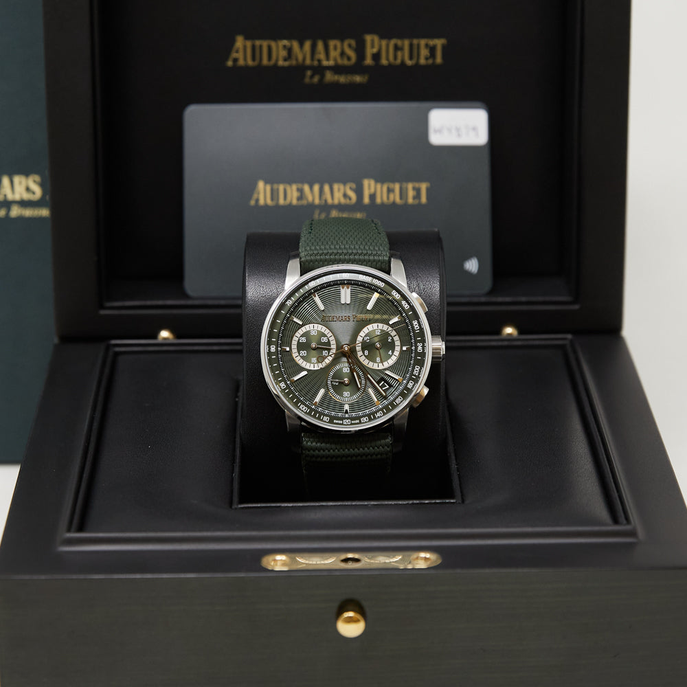 Audemars Piguet Code 11.59 Chronograph Green Dial on Green rubber-coated strap with stainless steel pin buckle. 26393ST.OO.A056KB.01 Complete 2024