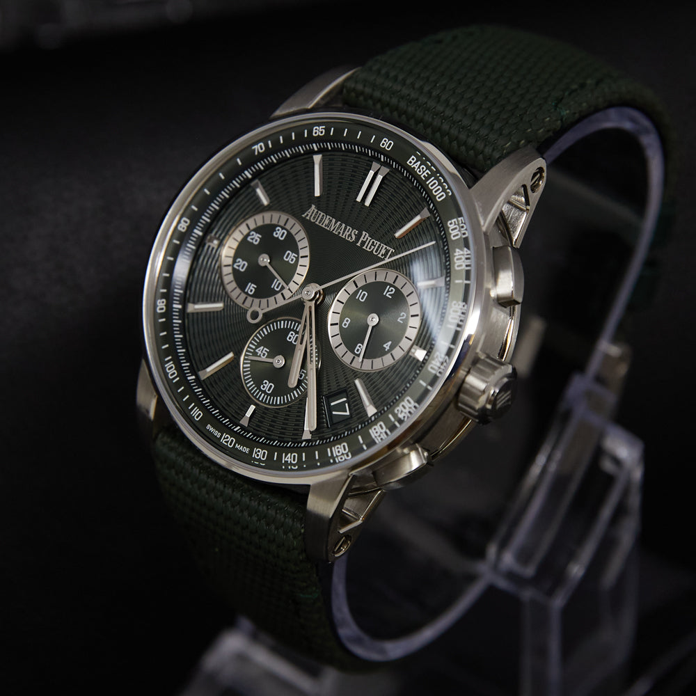 Audemars Piguet Code 11.59 Chronograph Green Dial on Green rubber-coated strap with stainless steel pin buckle. 26393ST.OO.A056KB.01 Complete 2024