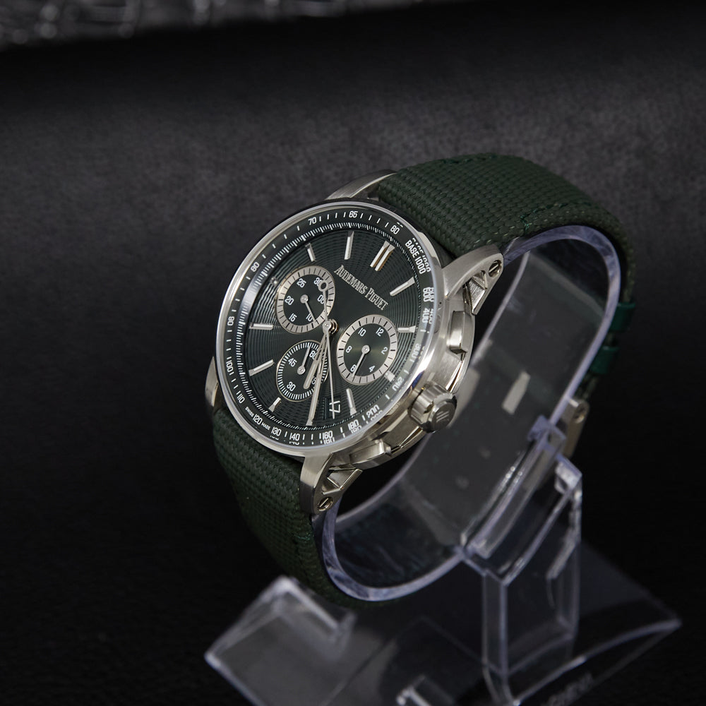 Audemars Piguet Code 11.59 Chronograph Green Dial on Green rubber-coated strap with stainless steel pin buckle. 26393ST.OO.A056KB.01 Complete 2024