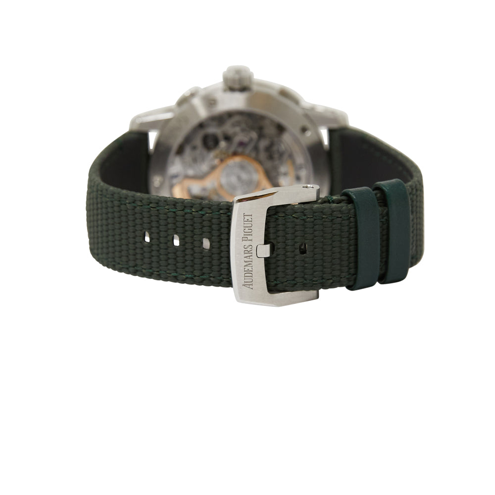 Audemars Piguet Code 11.59 Chronograph Green Dial on Green rubber-coated strap with stainless steel pin buckle. 26393ST.OO.A056KB.01 Complete 2024