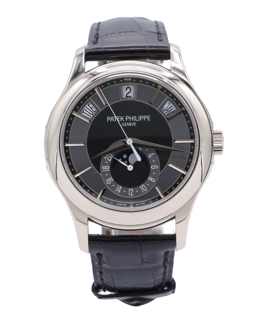 Patek Philippe Complications Annual Calendar Moon Phases Gray Dial on Black Leather Strap 5205G-010 Complete 2017