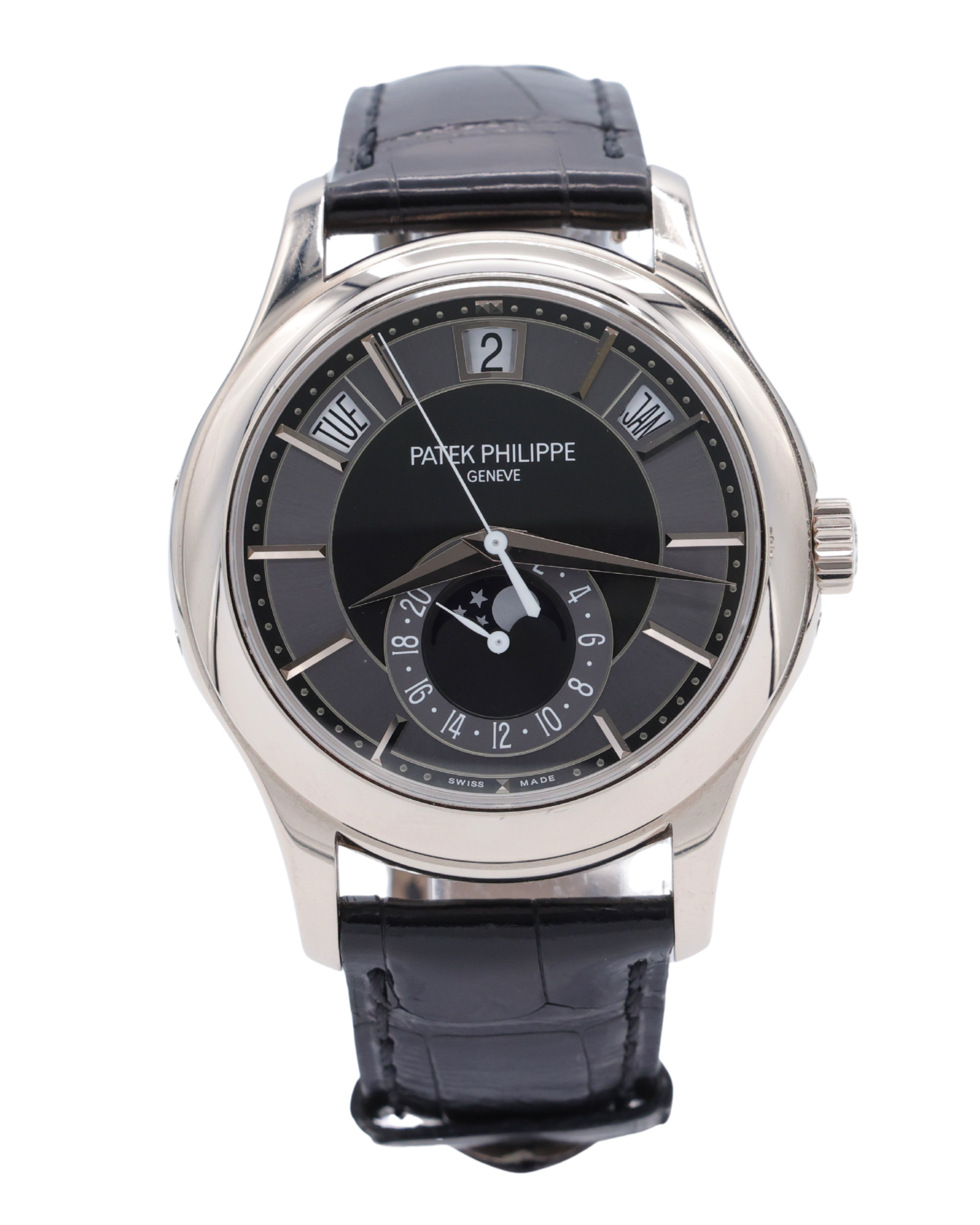 Patek Philippe Complications Annual Calendar Moon Phases Gray Dial on Black Leather Strap 5205G-010 Complete 2017