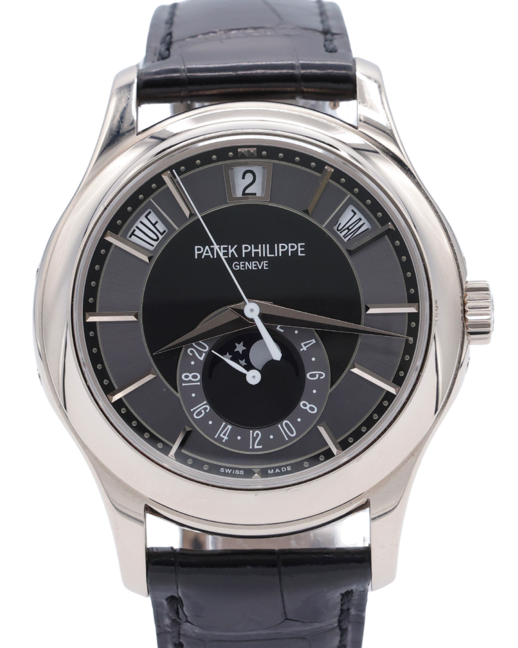 Patek Philippe Complications Annual Calendar Moon Phases Gray Dial on Black Leather Strap 5205G-010 Complete 2017