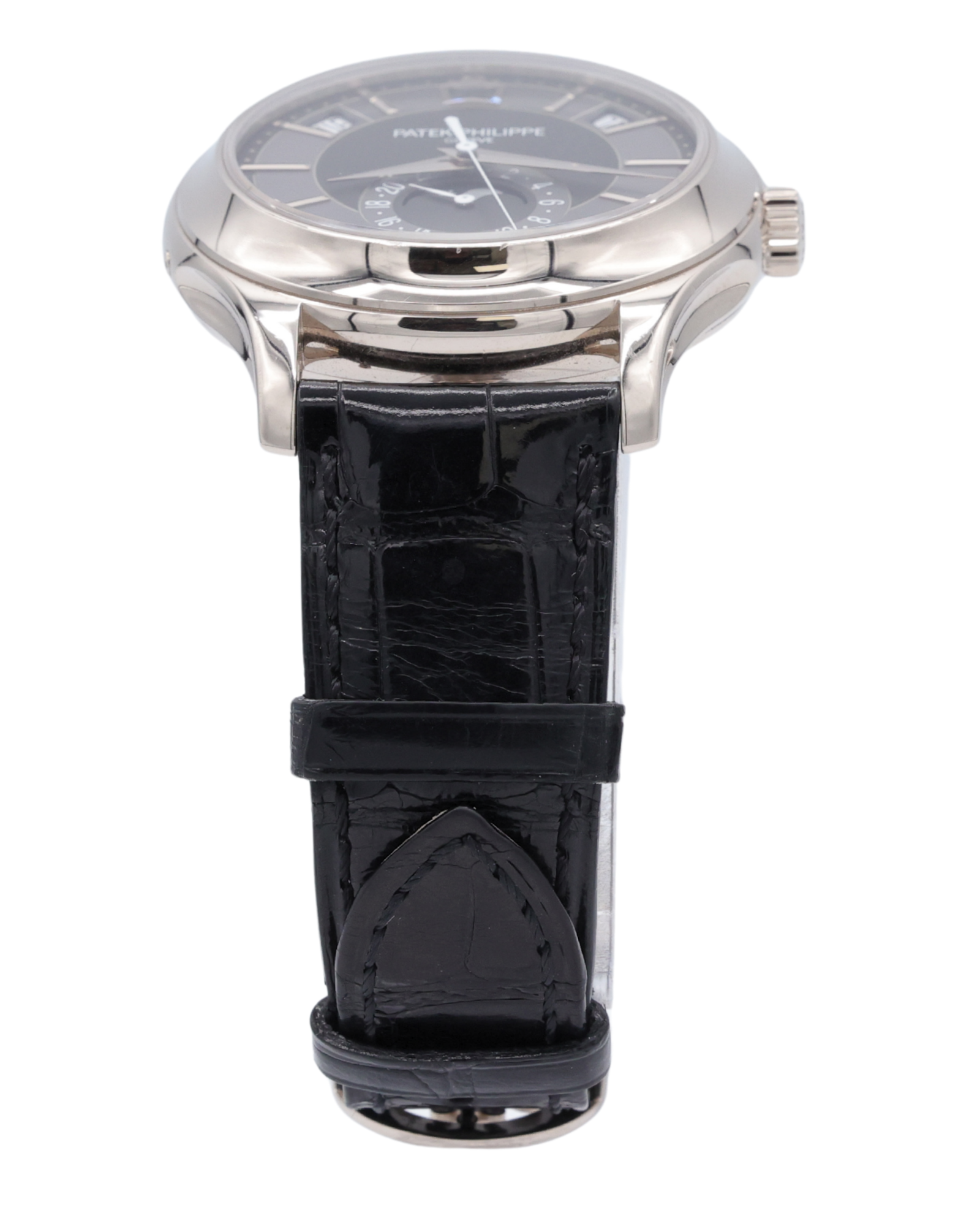 Patek Philippe Complications Annual Calendar Moon Phases Gray Dial on Black Leather Strap 5205G-010 Complete 2017