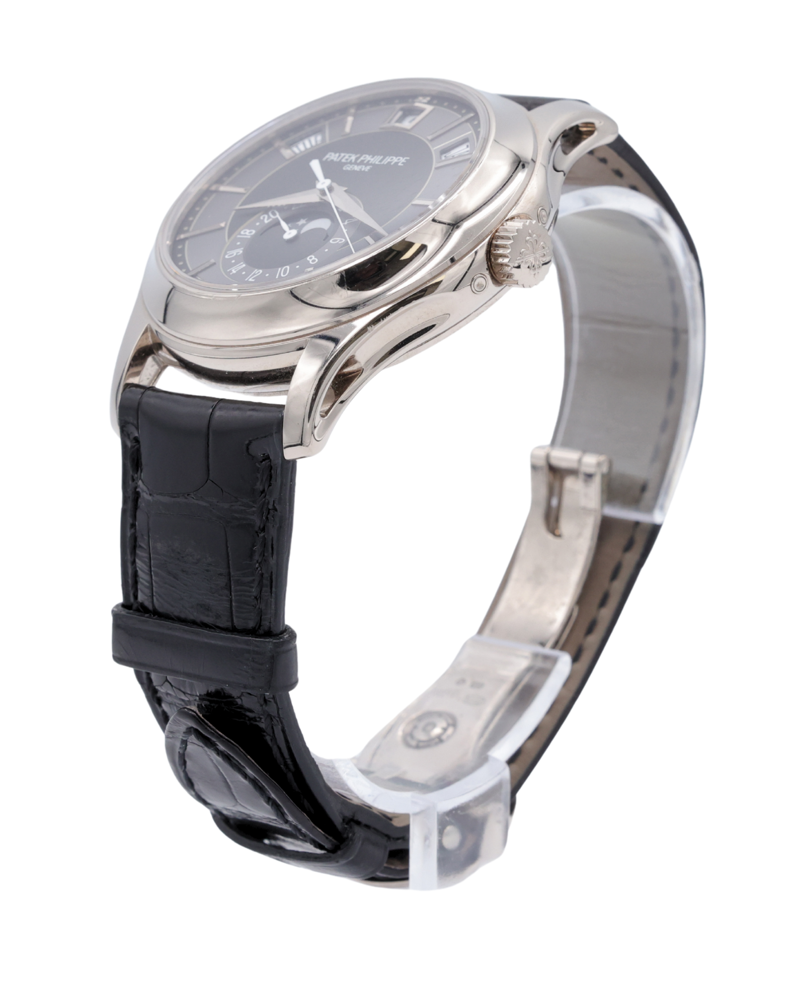 Patek Philippe Complications Annual Calendar Moon Phases Gray Dial on Black Leather Strap 5205G-010 Complete 2017