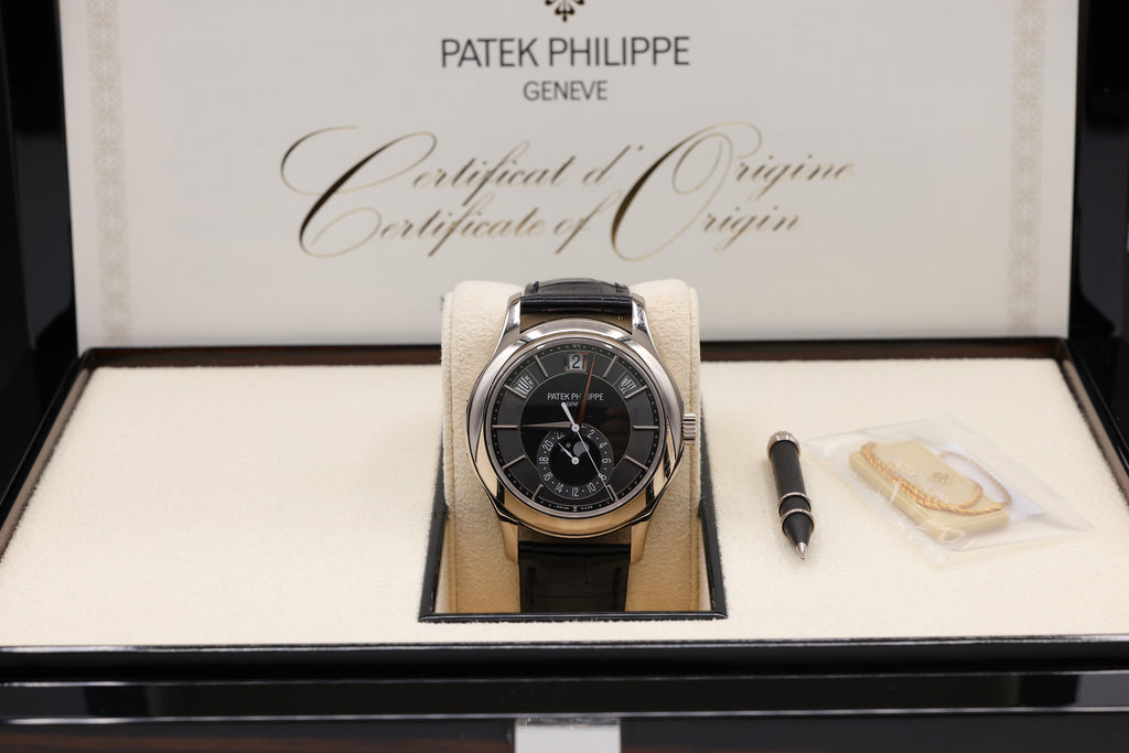 Patek Philippe Complications Annual Calendar Moon Phases Gray Dial on Black Leather Strap 5205G-010 Complete 2017