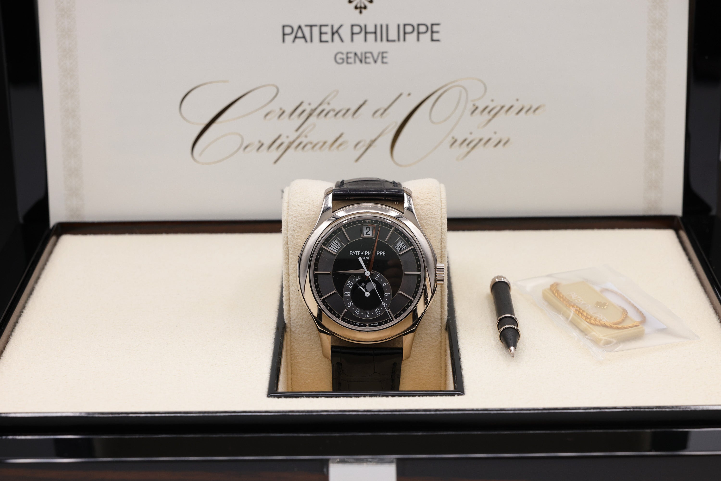 Patek Philippe Complications Annual Calendar Moon Phases Gray Dial on Black Leather Strap 5205G-010 Complete 2017