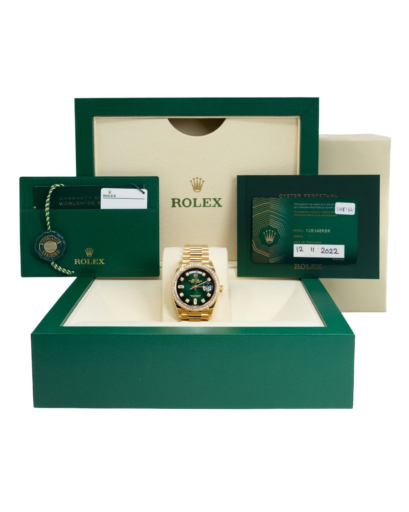 Rolex Day-Date 36 Green Ombre´ Diamond Dial on President 128348 Complete 2022