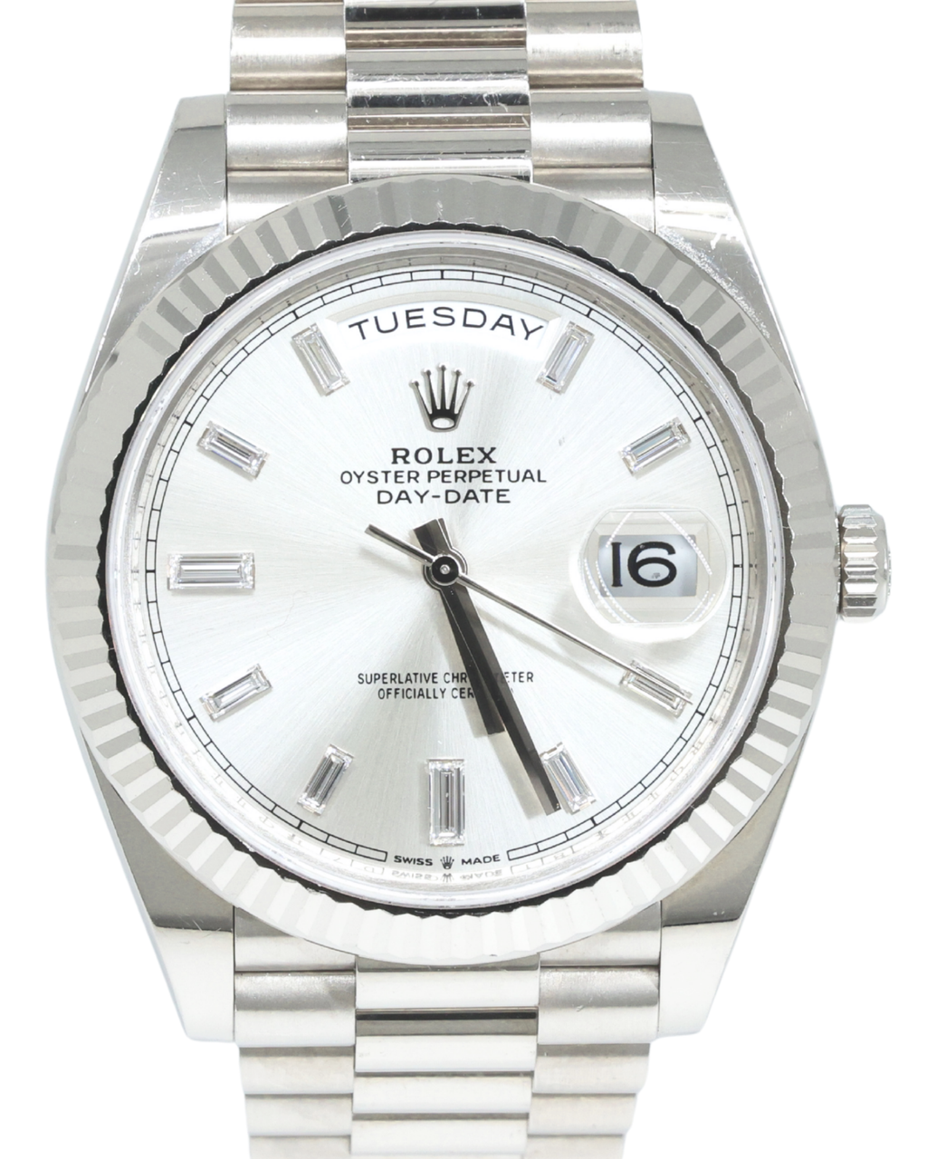 Rolex Day-Date 40 Silver Baguette Diamond Dial on President 228239 Complete 2022