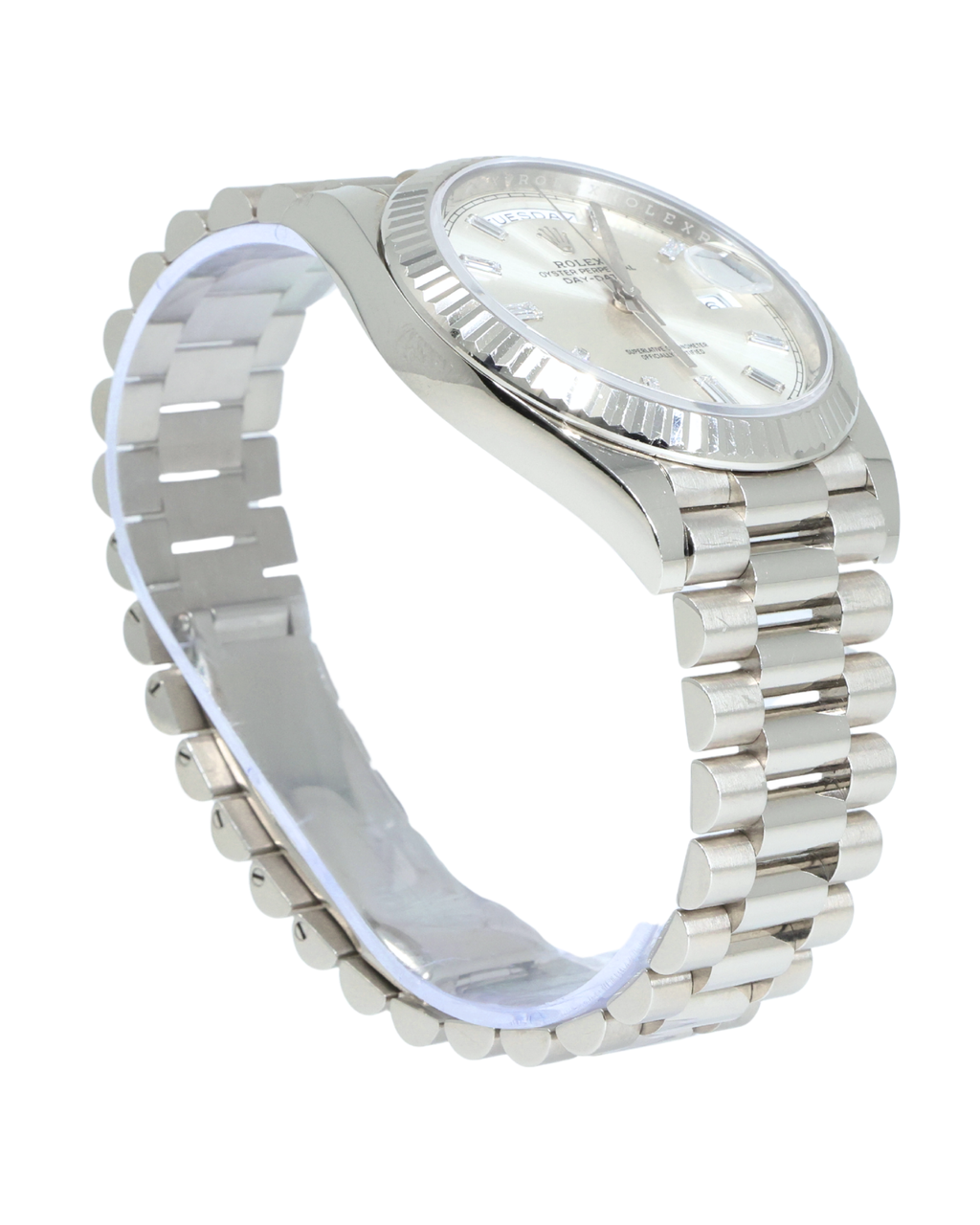 Rolex Day-Date 40 Silver Baguette Diamond Dial on President 228239 Complete 2022