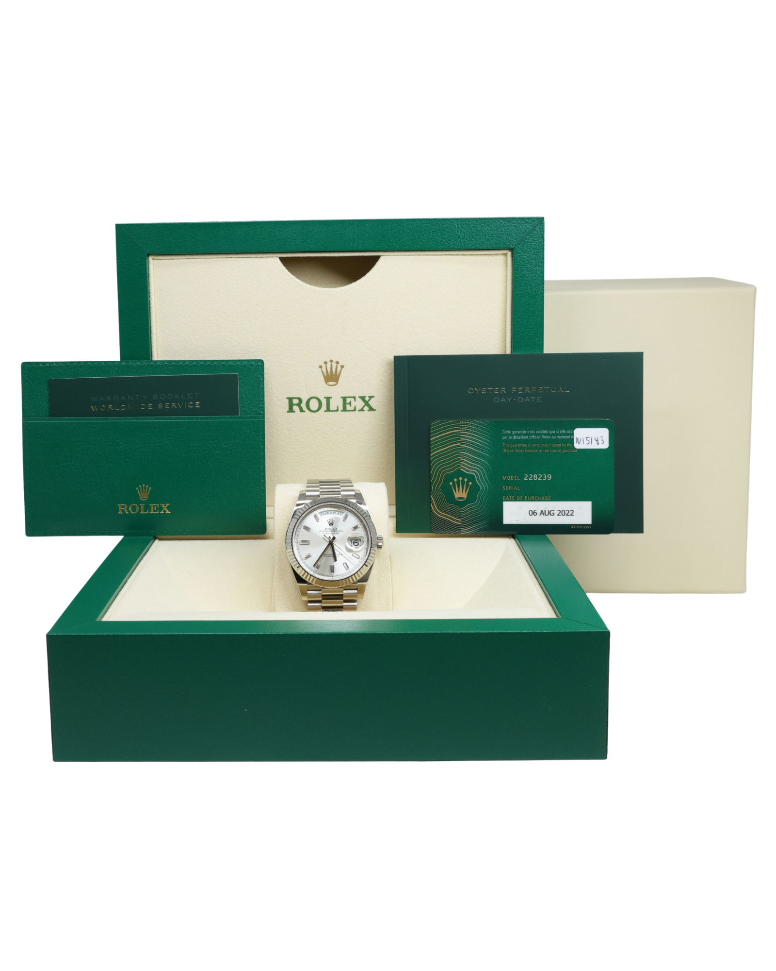 Rolex Day-Date 40 Silver Baguette Diamond Dial on President 228239 Complete 2022