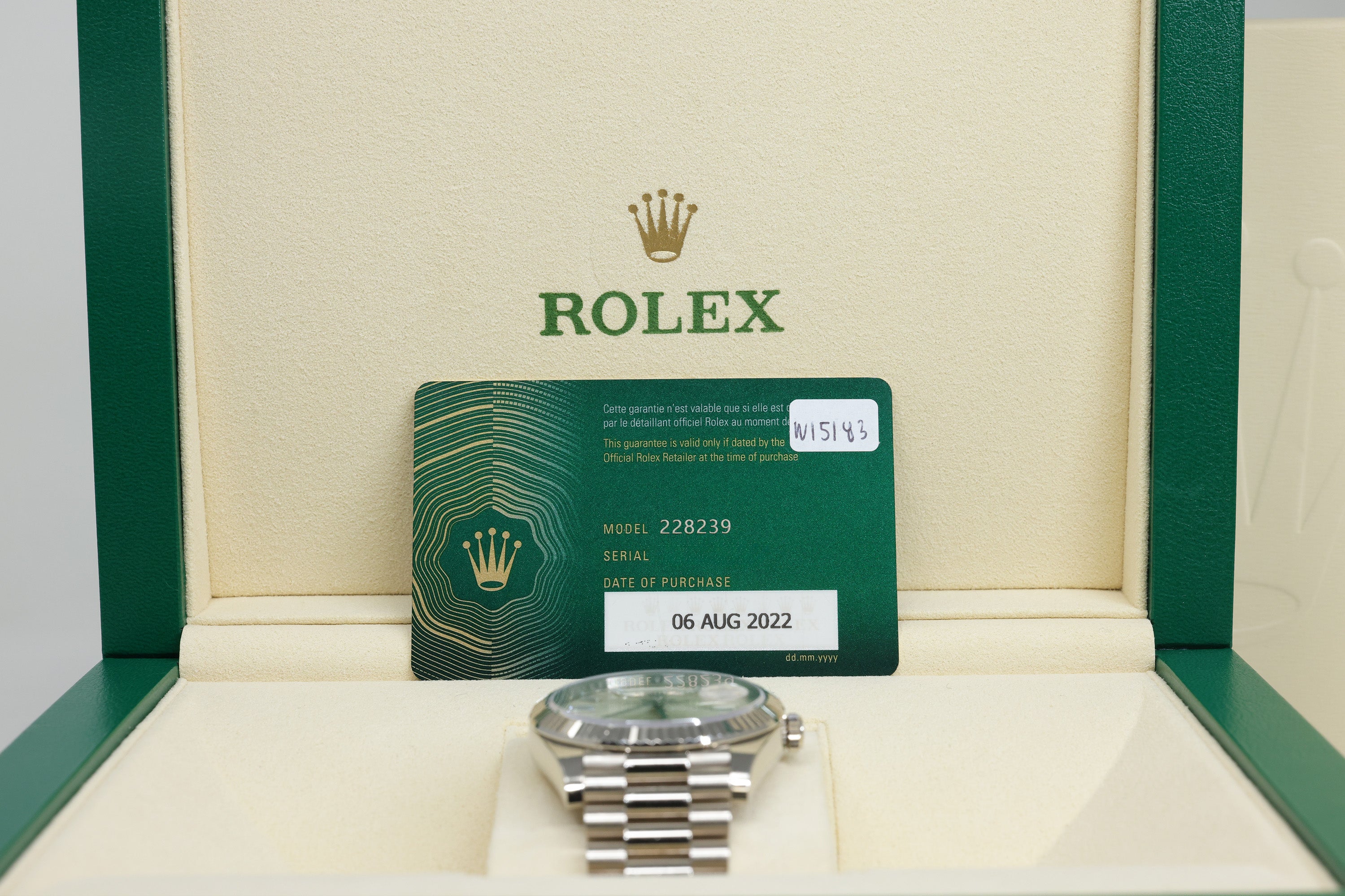 Rolex Day-Date 40 Silver Baguette Diamond Dial on President 228239 Complete 2022