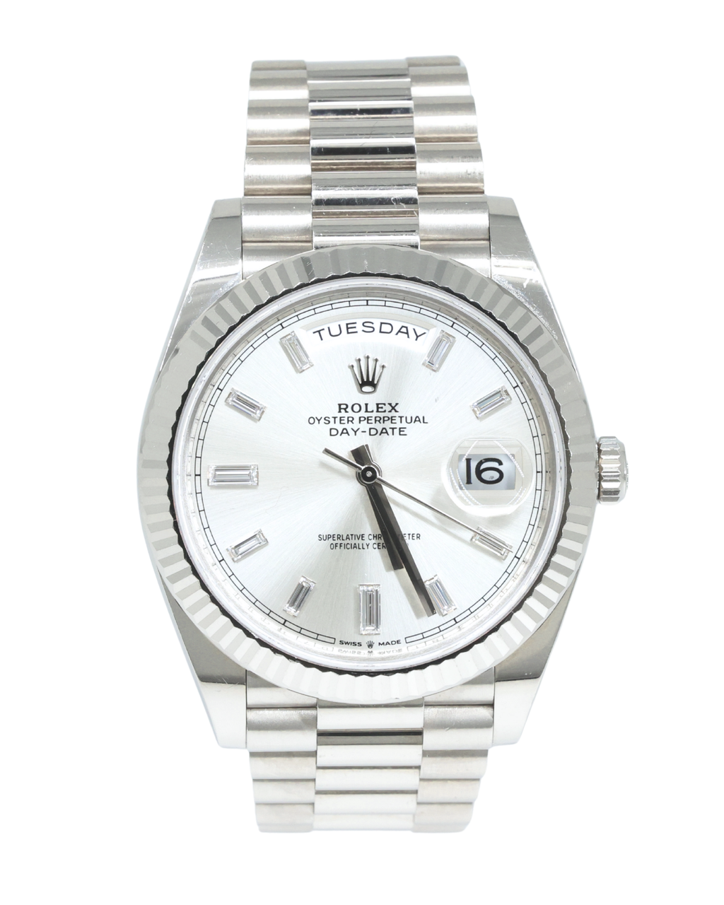 Rolex Day-Date 40 Silver Baguette Diamond Dial on President 228239 Complete 2022