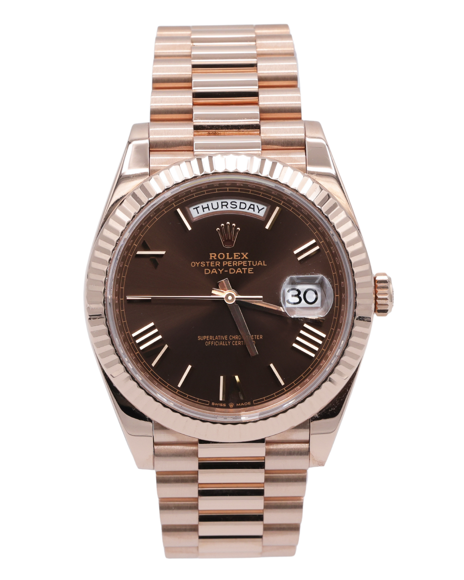 Rolex Day-Date 40 Chocolate Bevelled Roman Dial on President 228235 Complete 2022