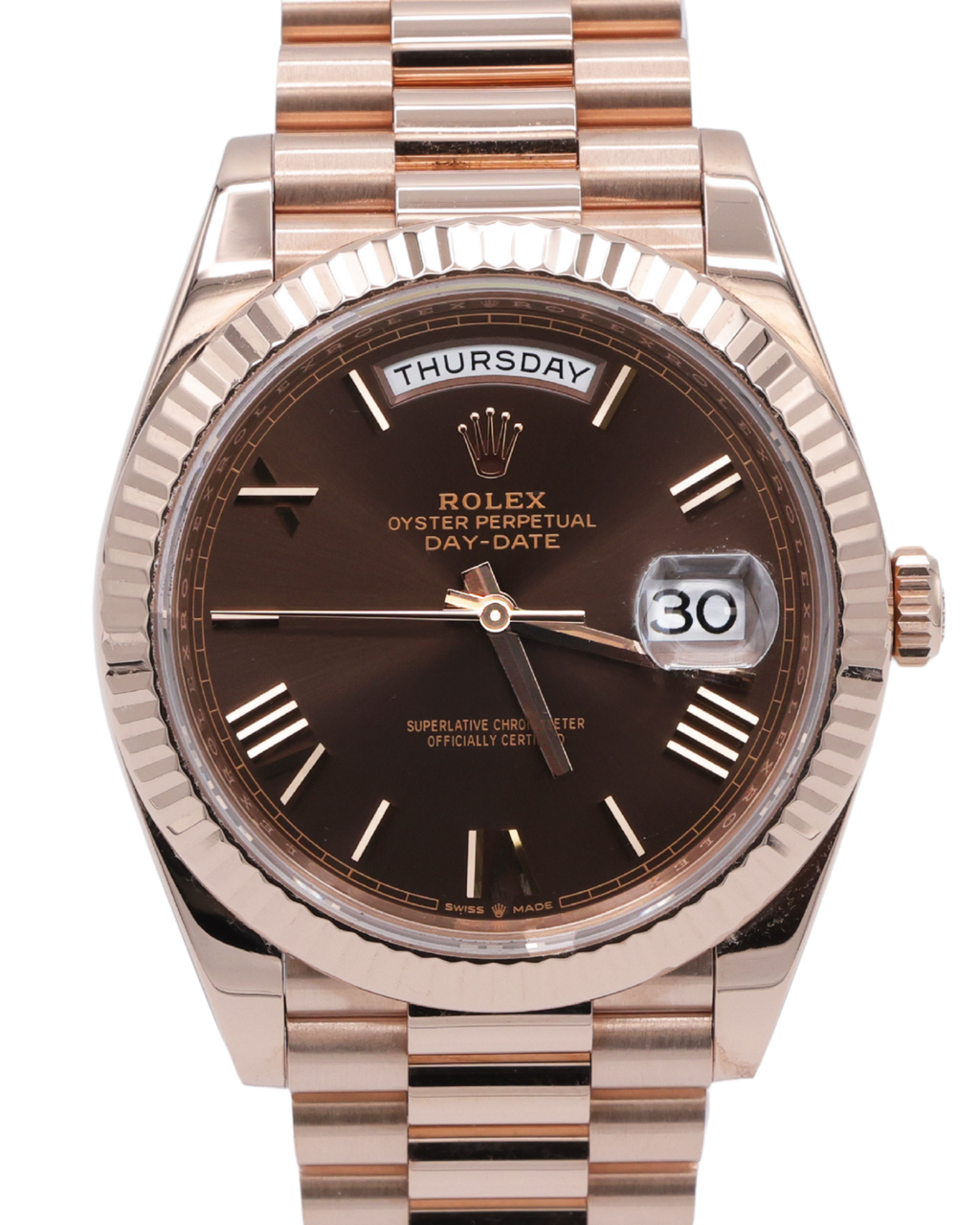 Rolex Day-Date 40 Chocolate Bevelled Roman Dial on President 228235 Complete 2022