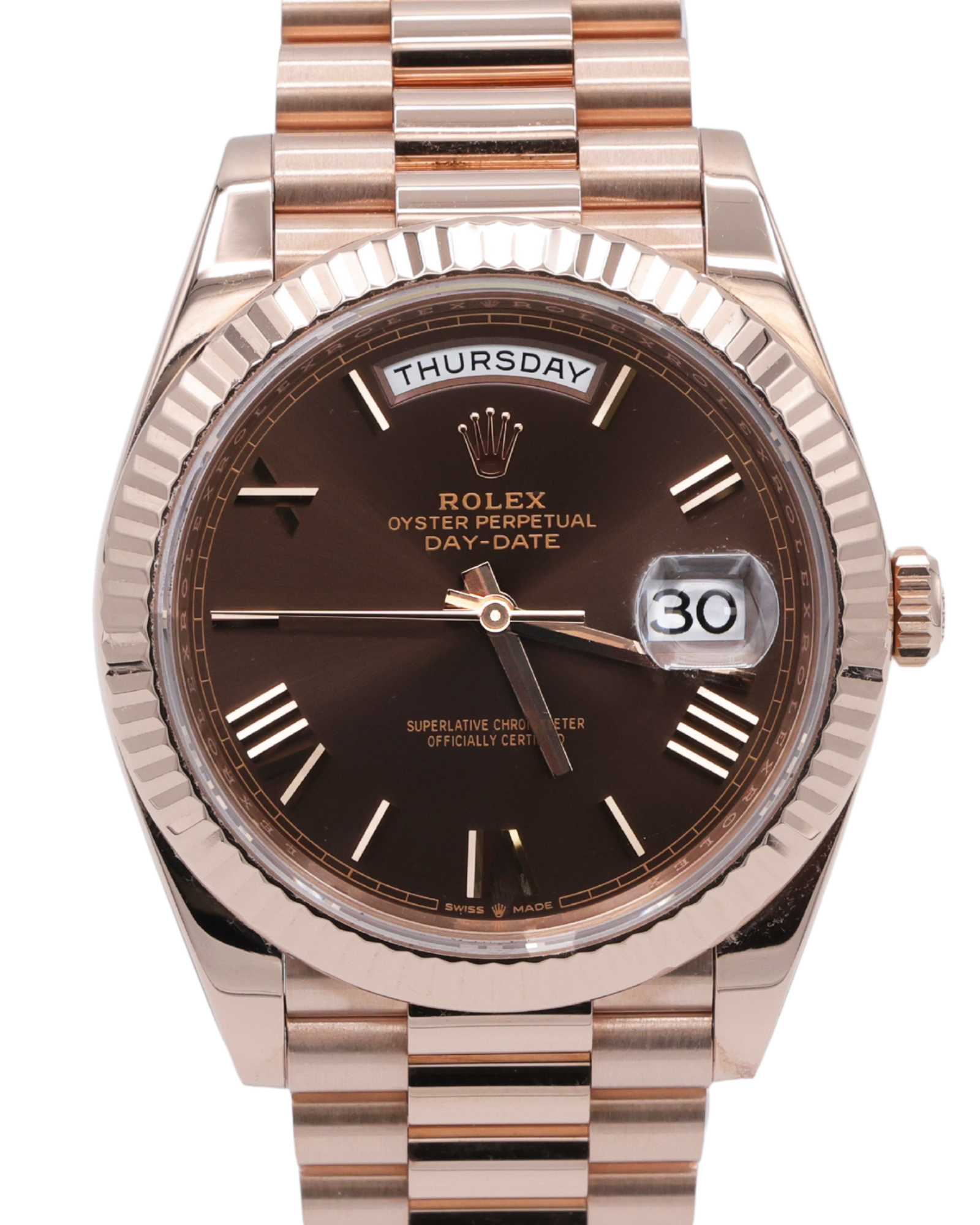 Rolex Day-Date 40 Chocolate Bevelled Roman Dial on President 228235 Complete 2022