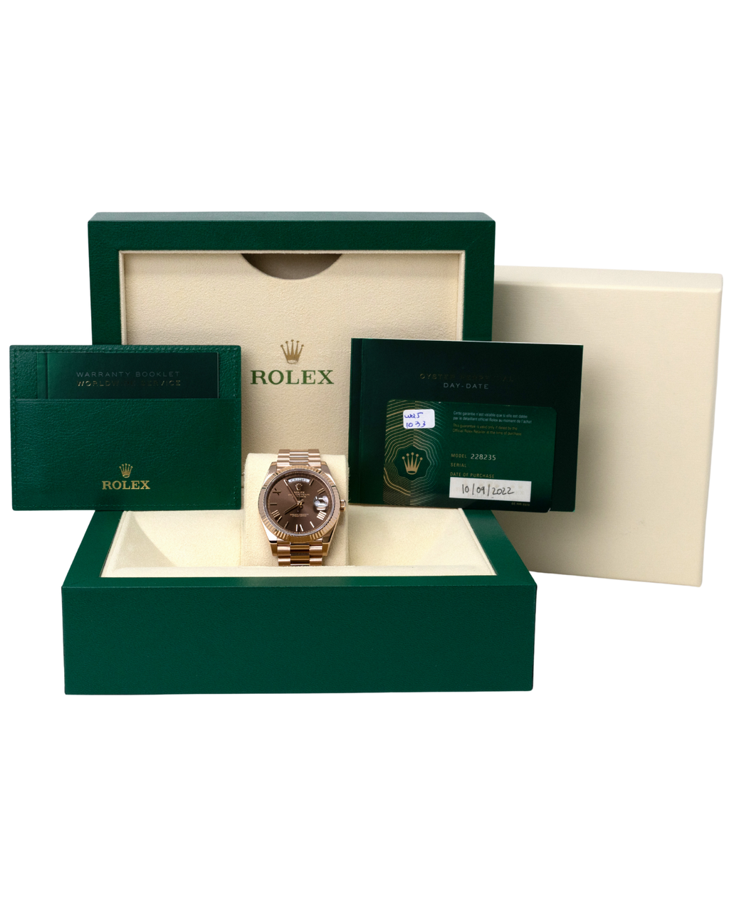 Rolex Day-Date 40 Chocolate Bevelled Roman Dial on President 228235 Complete 2022