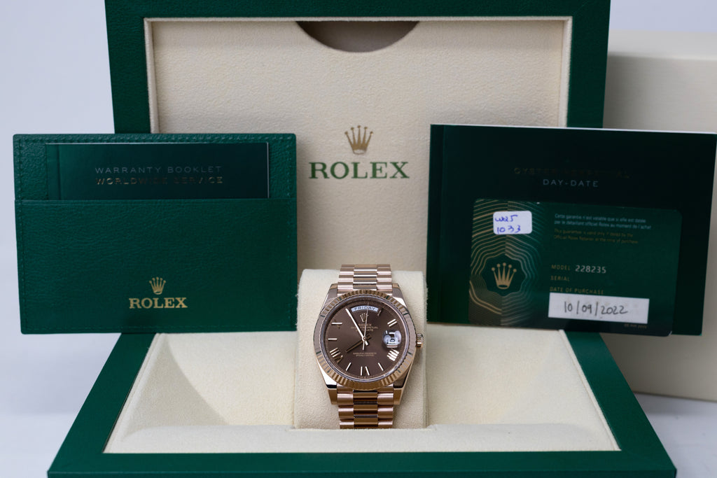 Rolex Day-Date 40 Chocolate Bevelled Roman Dial on President 228235 Complete 2022