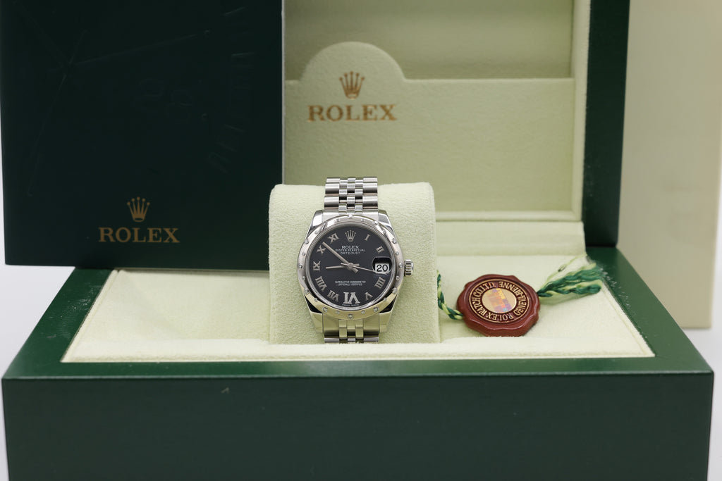 Rolex Womens Datejust Blue 12/6 Diamond Roman Dial on Jubilee 178344 with Box