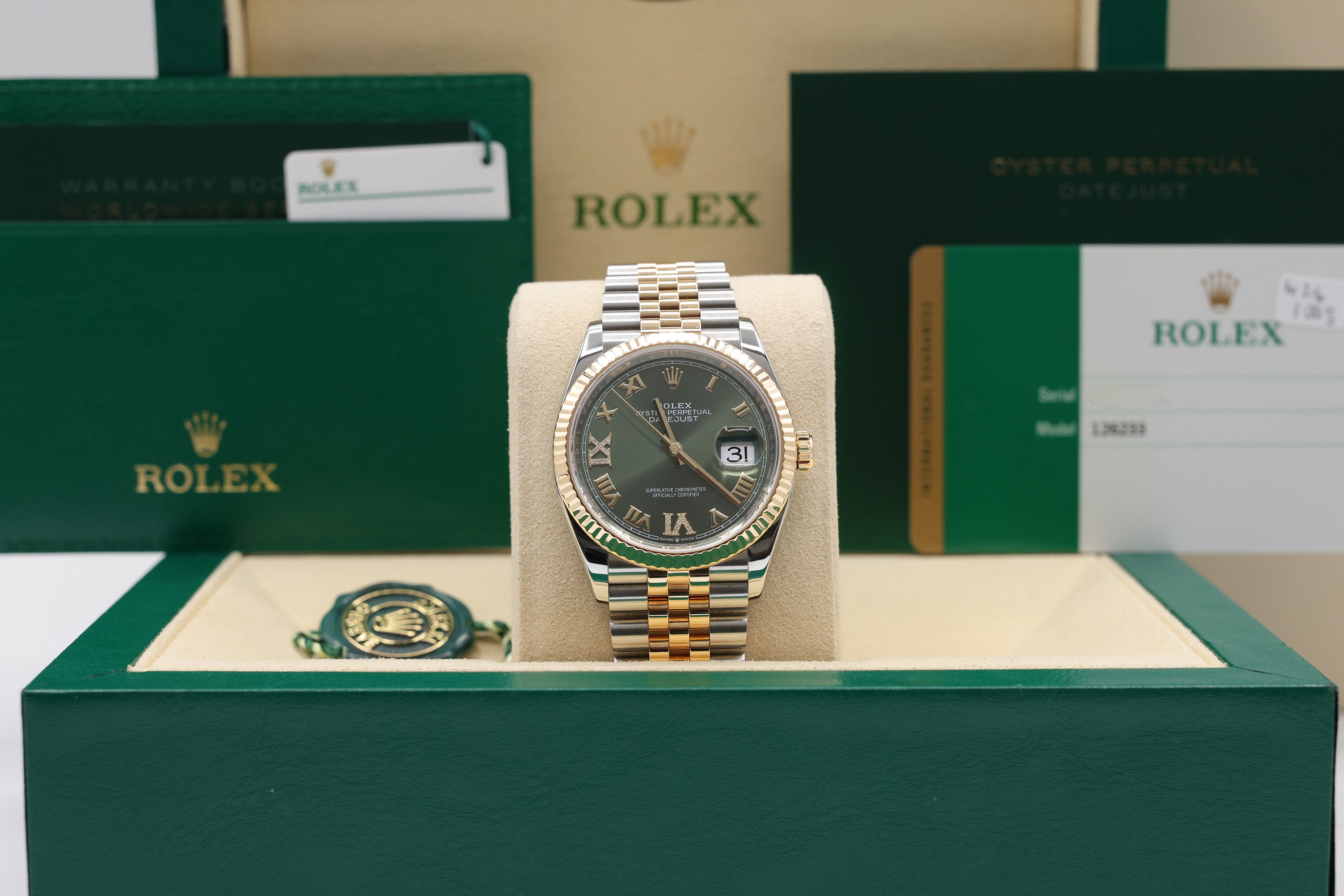 Rolex Datejust Olive Green Roman Dial on Jubilee 126233 Complete 2020