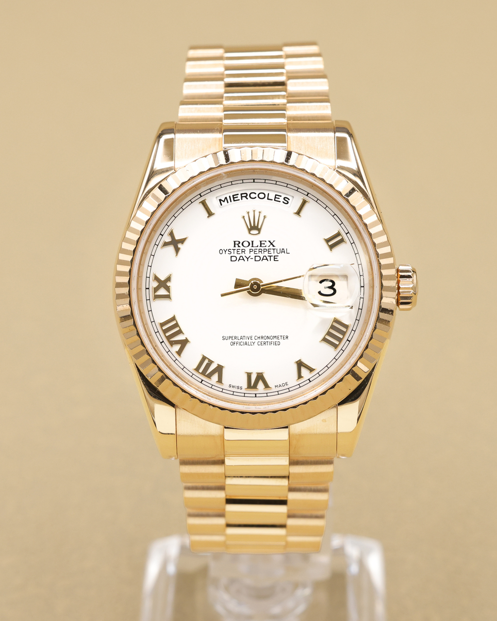 Rolex Day-Date 36 White Roman Dial on President 118238 Card