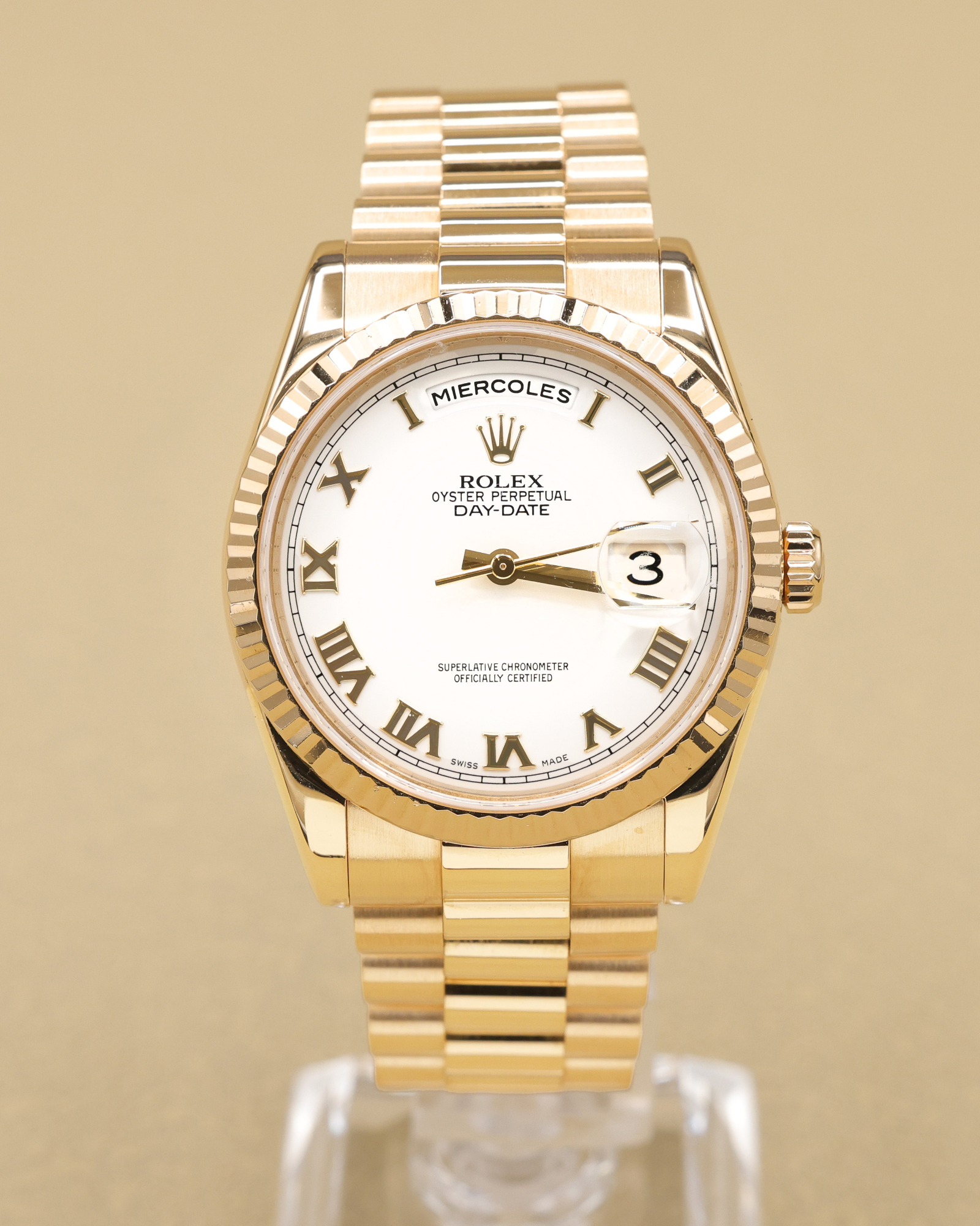 Rolex Day-Date 36 White Roman Dial on President 118238 Card