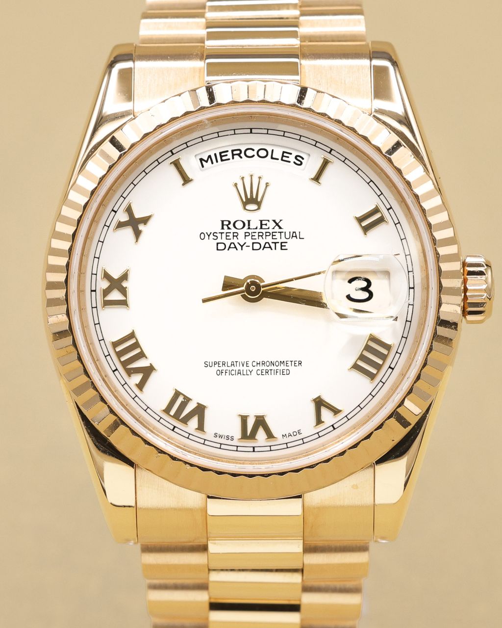 Rolex Day-Date 36 White Roman Dial on President 118238 Card