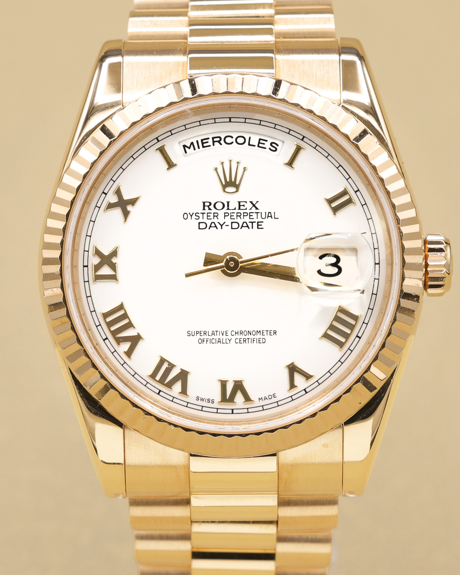 Rolex Day-Date 36 White Roman Dial on President 118238 Card