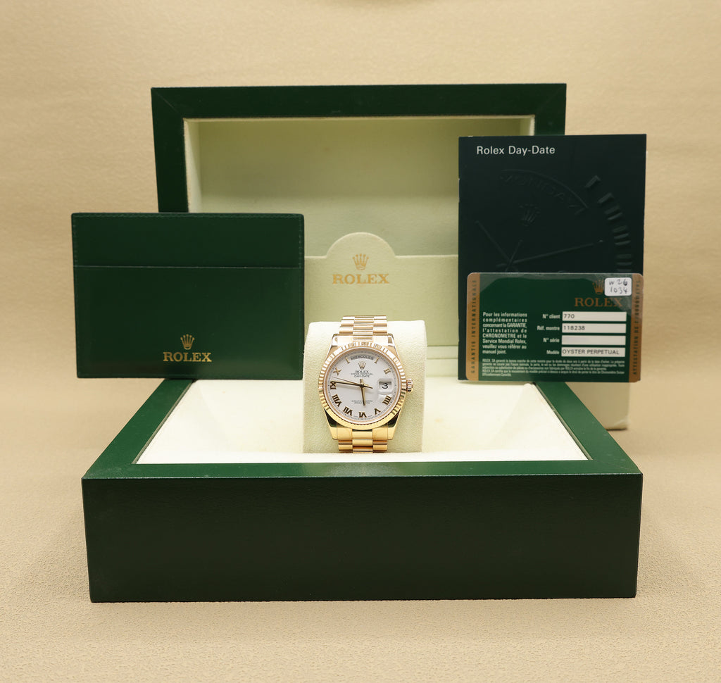 Rolex Day-Date 36 White Roman Dial on President 118238 Card