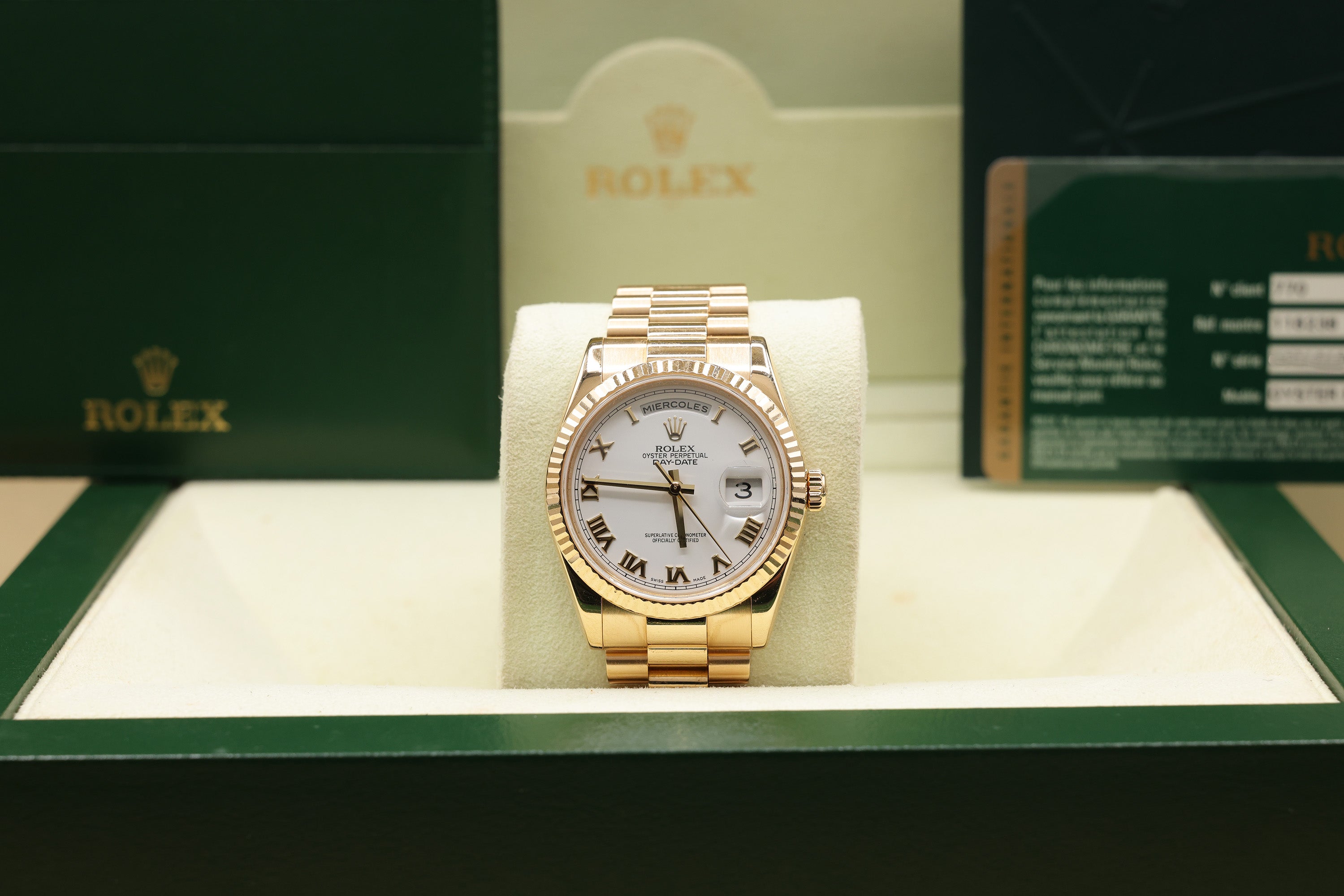 Rolex Day-Date 36 White Roman Dial on President 118238 Card