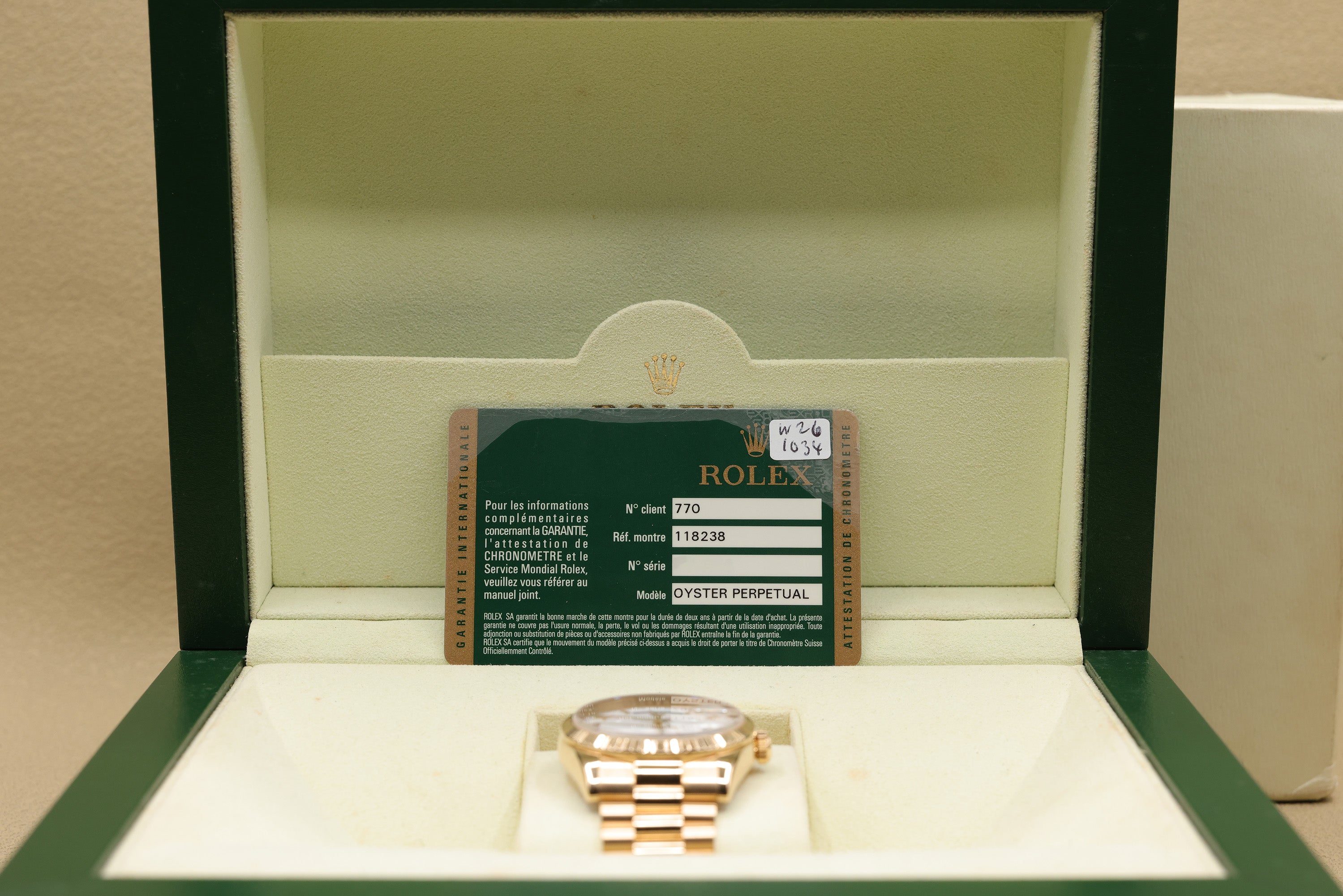 Rolex Day-Date 36 White Roman Dial on President 118238 Card