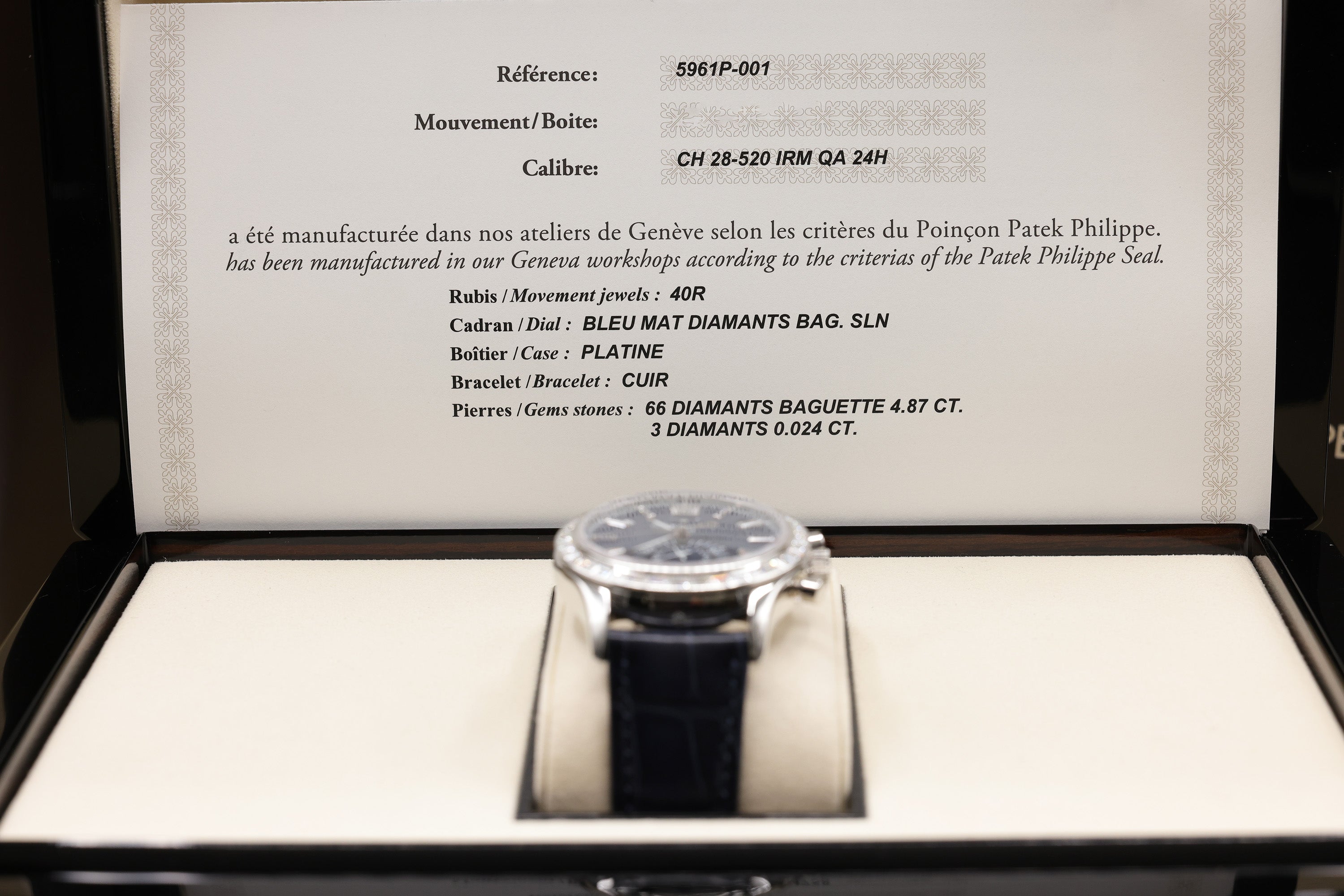 Patek Philippe Annual Calendar Chronograph Complications Matt Blue Dial on Alligator leather with square scales, hand-stitched, shiny navy blue 5961P-001 Complete 2026