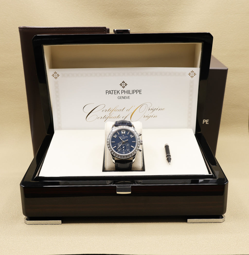 Patek Philippe Annual Calendar Chronograph Complications Matt Blue Dial on Alligator leather with square scales, hand-stitched, shiny navy blue 5961P-001 Complete 2026