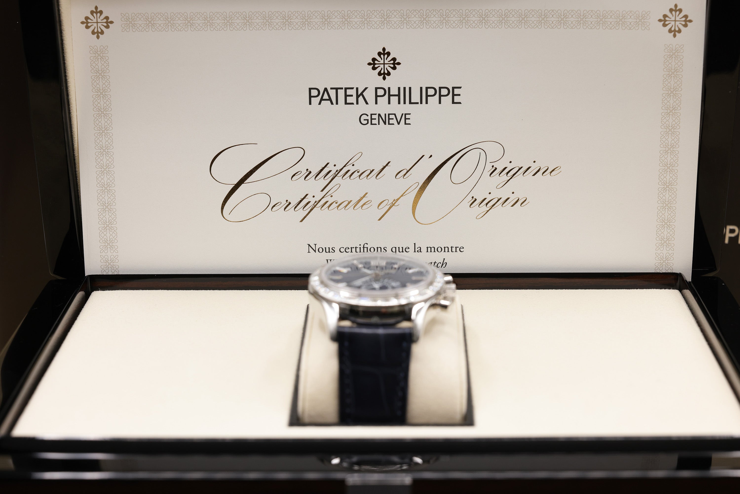 Patek Philippe Annual Calendar Chronograph Complications Matt Blue Dial on Alligator leather with square scales, hand-stitched, shiny navy blue 5961P-001 Complete 2026