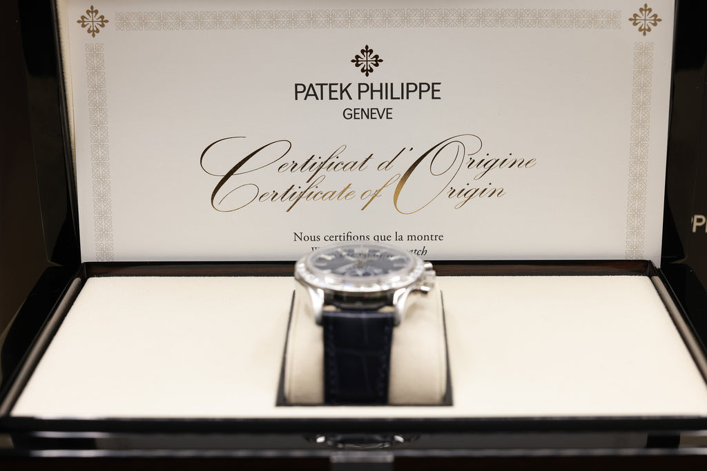Patek Philippe Annual Calendar Chronograph Complications Matt Blue Dial on Alligator leather with square scales, hand-stitched, shiny navy blue 5961P-001 Complete 2026