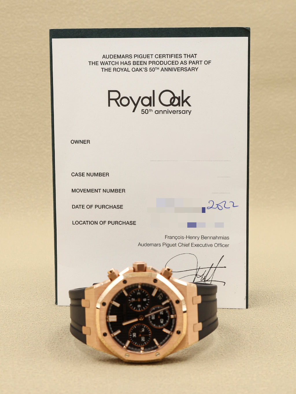 Audemars Piguet Royal Oak Chronograph "50th Anniversary" Black Dial on Strap 26240OR.OO.D002CR.01 Complete