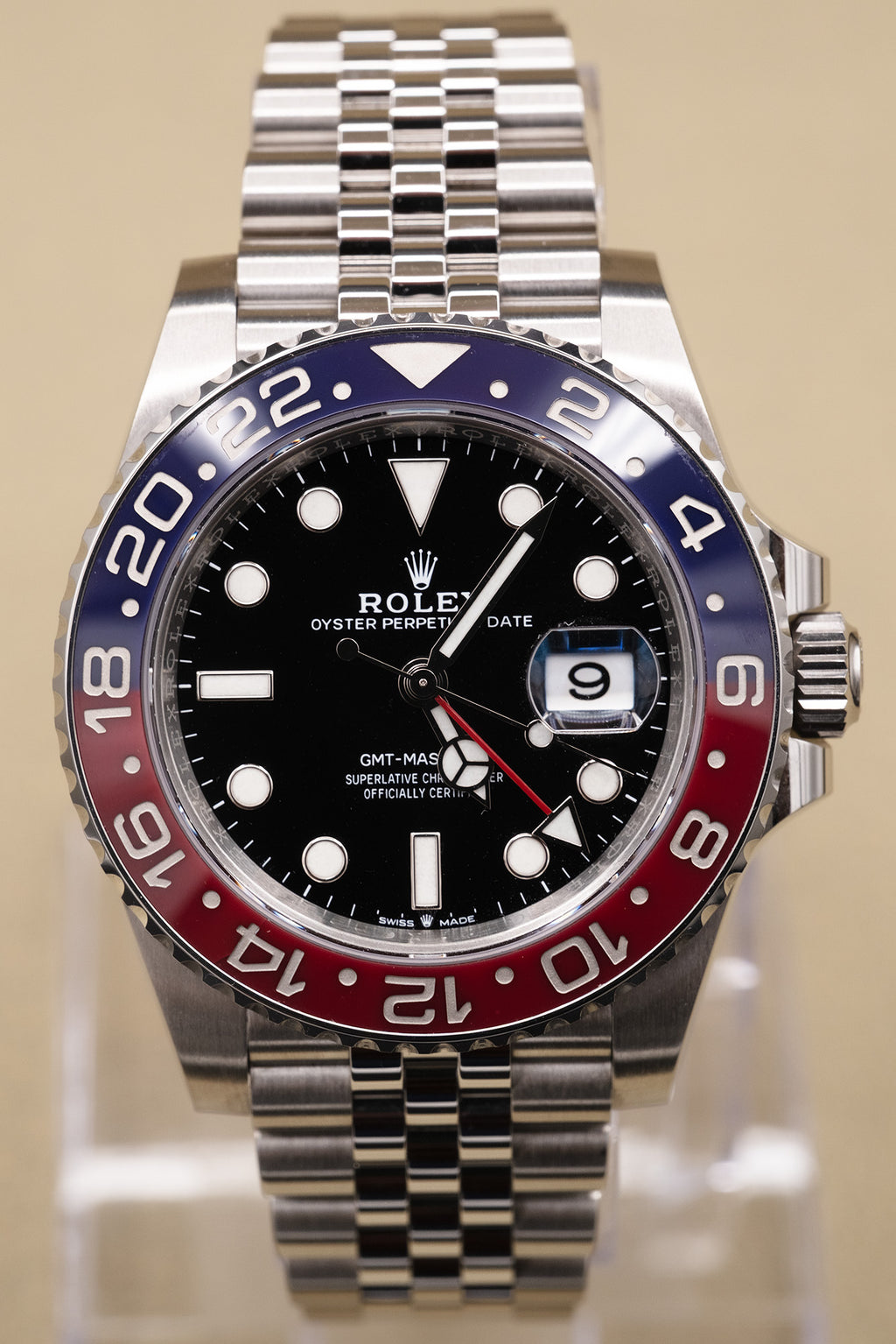 Rolex GMT-Master II Pepsi Black Dial on Jubilee 126710BLRO Complete 2022