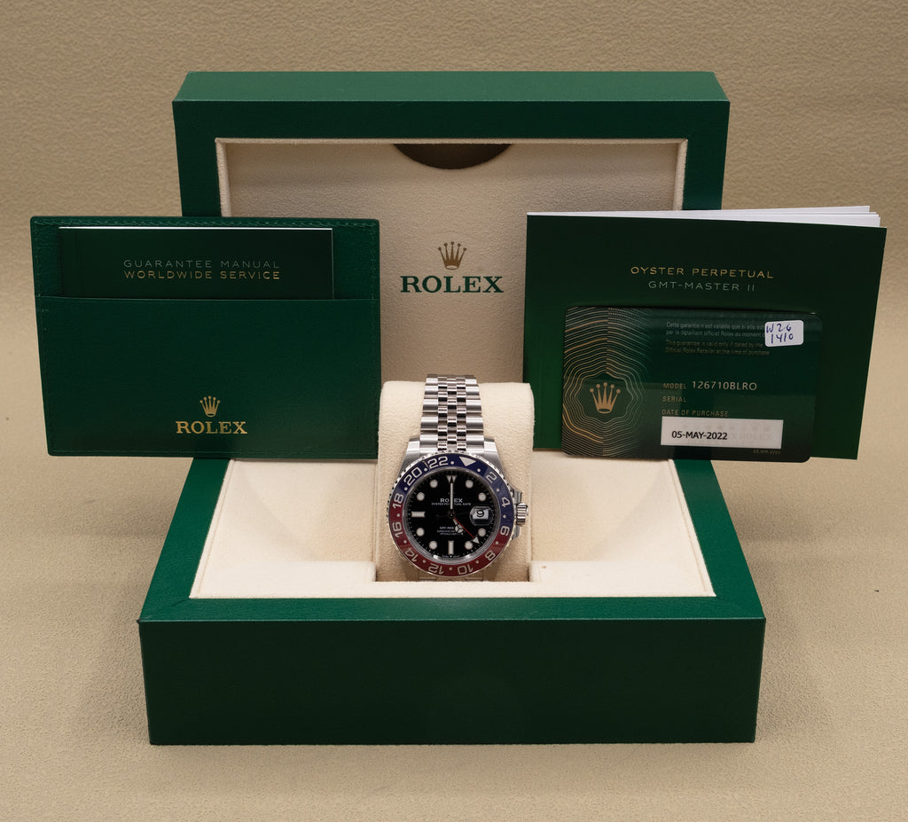 Rolex GMT-Master II Pepsi Black Dial on Jubilee 126710BLRO Complete 2022