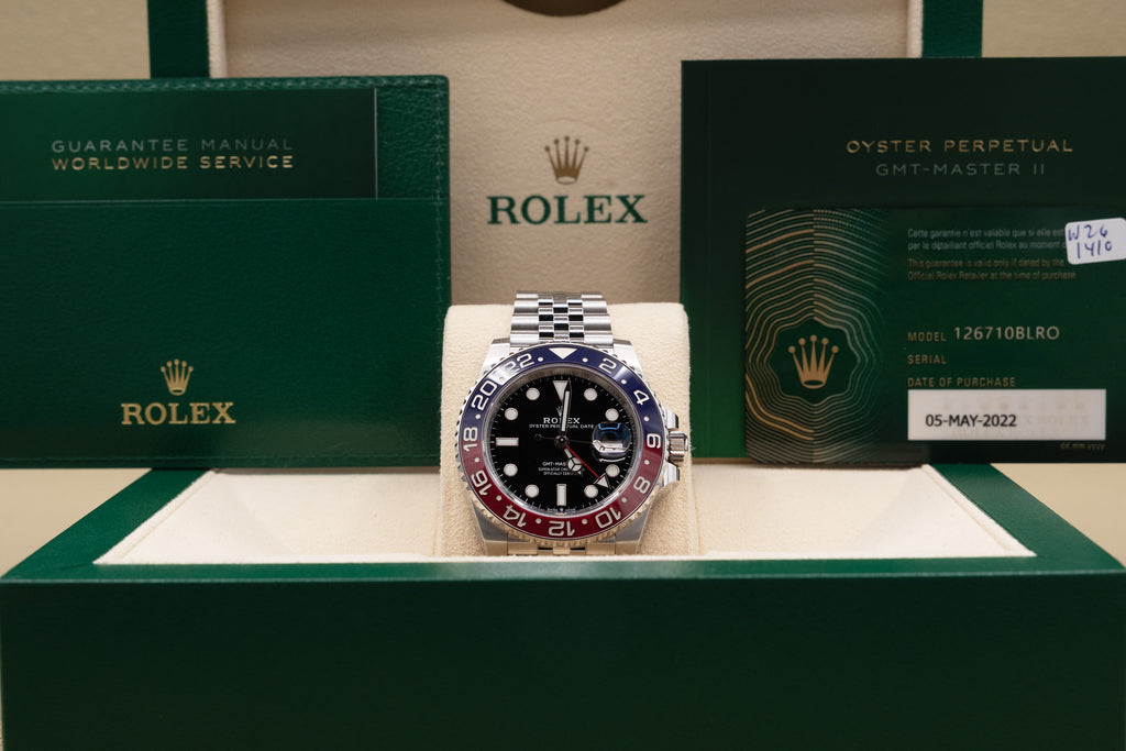 Rolex GMT-Master II Pepsi Black Dial on Jubilee 126710BLRO Complete 2022