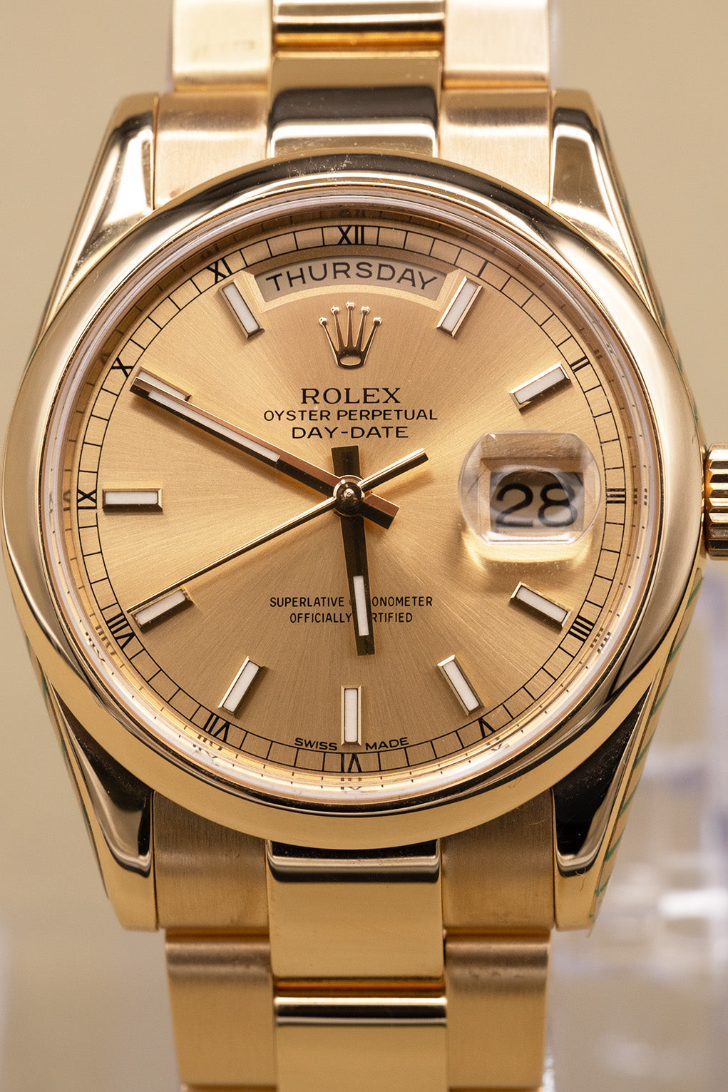 Rolex Day-Date 36 Champagne Dial on President 118208 with Box