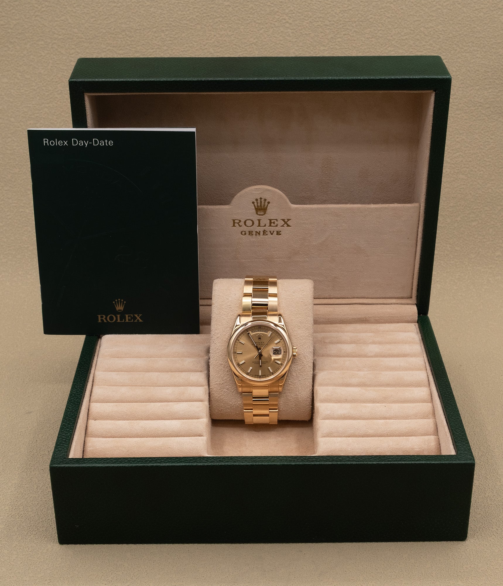Rolex Day-Date 36 Champagne Dial on President 118208 with Box