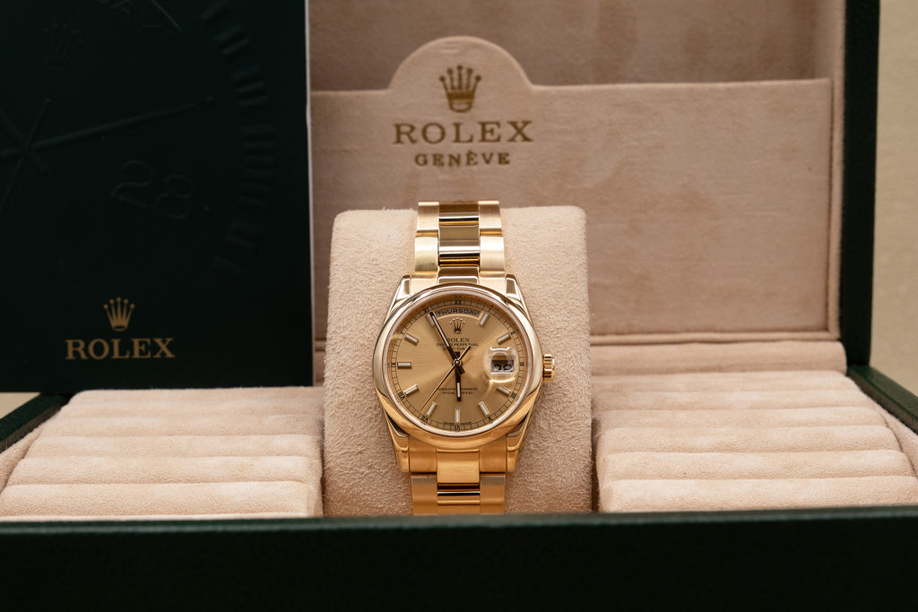 Rolex Day-Date 36 Champagne Dial on President 118208 with Box