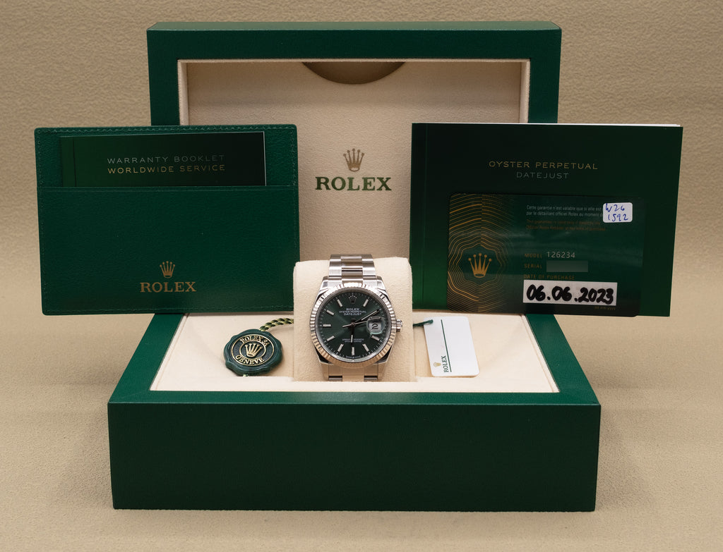 Rolex Datejust 36 Mint Green Index Dial on Oyster 126234 Complete 2023