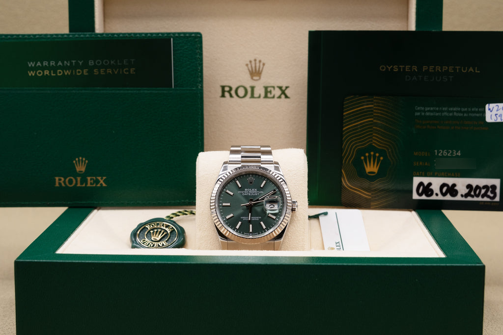 Rolex Datejust 36 Mint Green Index Dial on Oyster 126234 Complete 2023