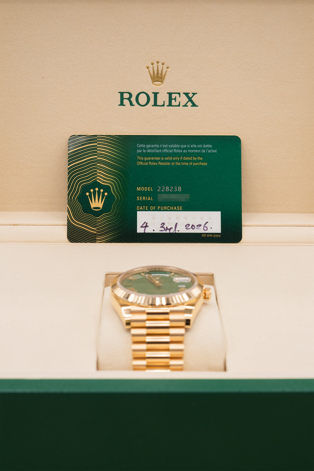 Rolex Day-Date 40 Green Roman Dial on President 228238 Complete 2026
