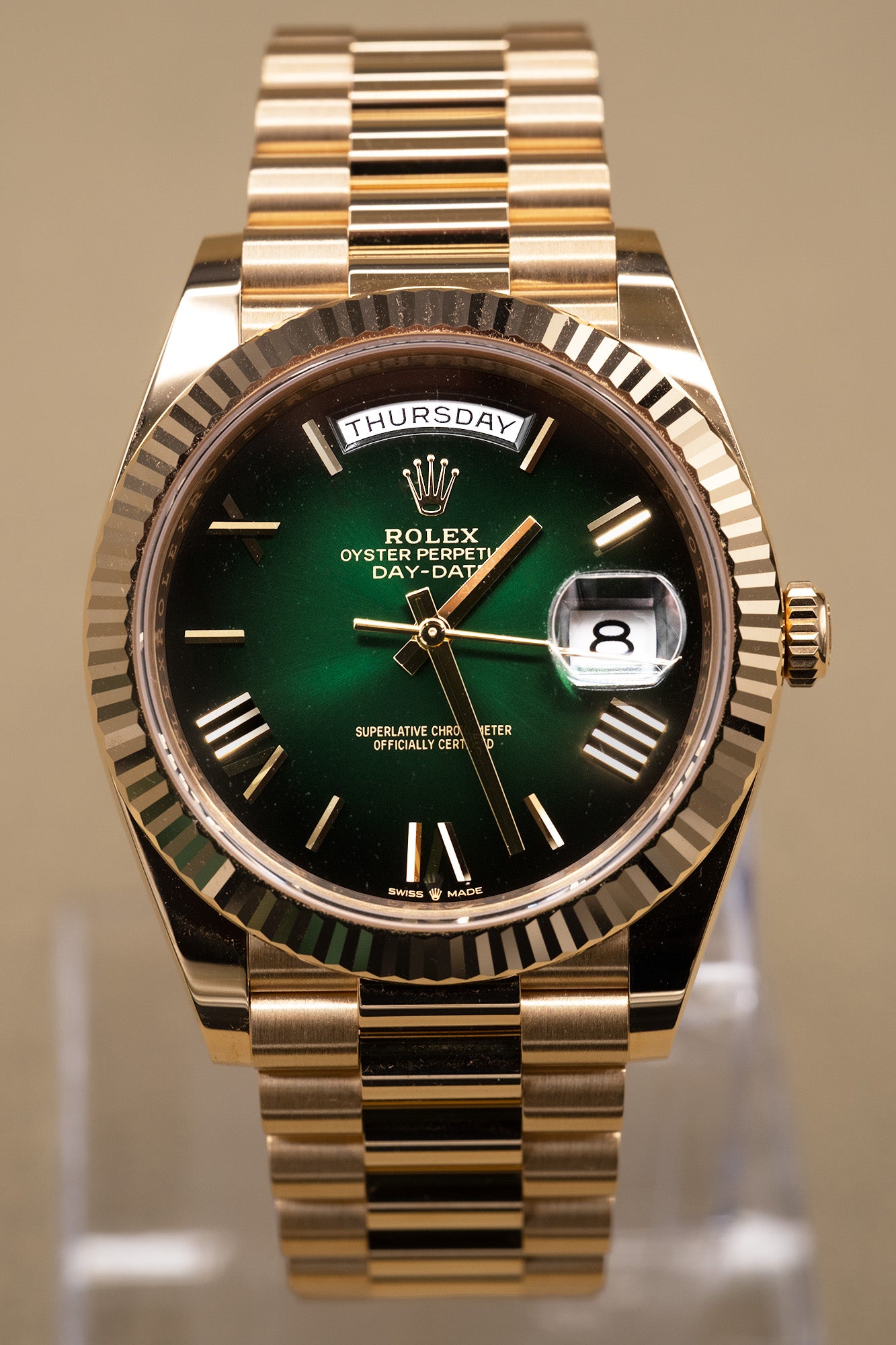 Rolex Day-Date 40 Green Ombre Roman Dial on President 228238 Complete 2026