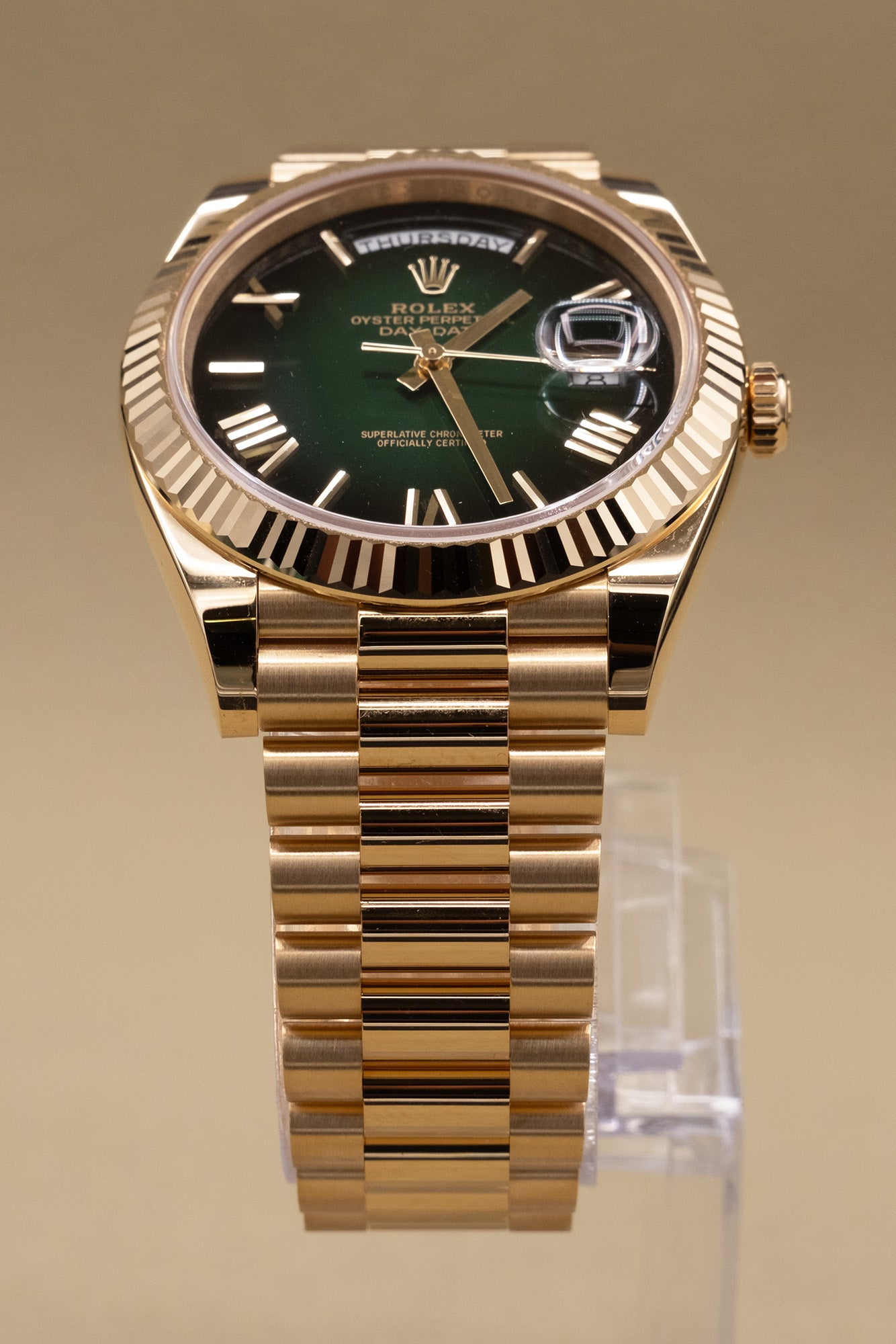 Rolex Day-Date 40 Green Ombre Roman Dial on President 228238 Complete 2026