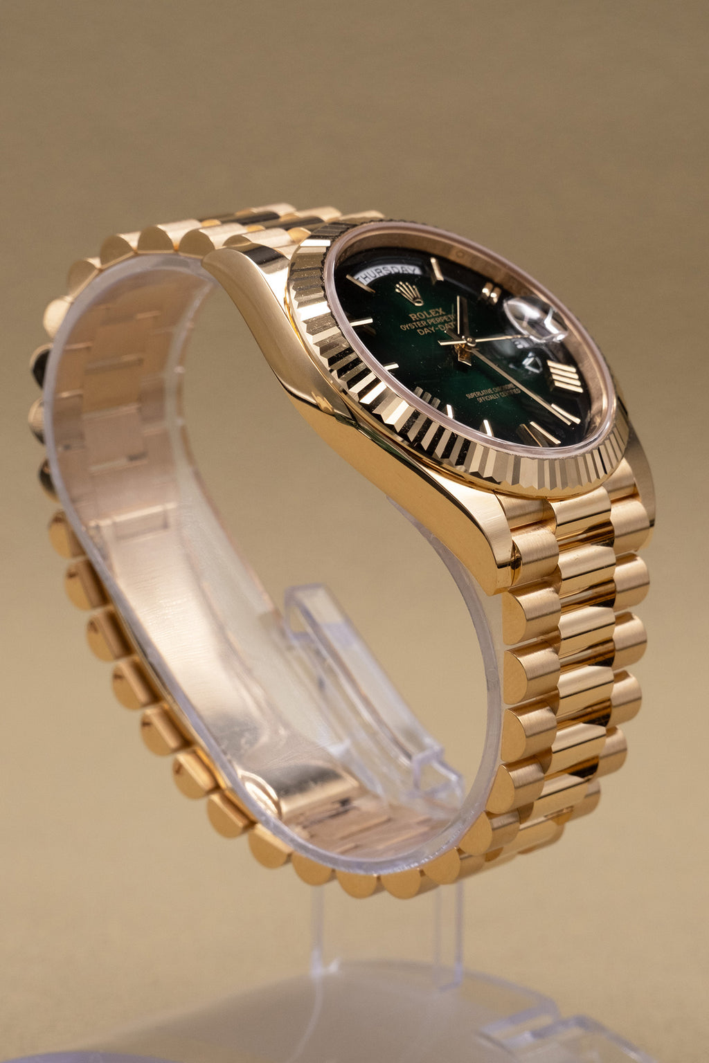 Rolex Day-Date 40 Green Ombre Roman Dial on President 228238 Complete 2026